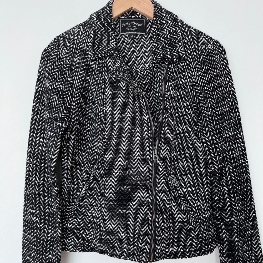 Lucky Brand Black Herringbone Tweed Moto Sweater Jacket - Picture 4 of 8